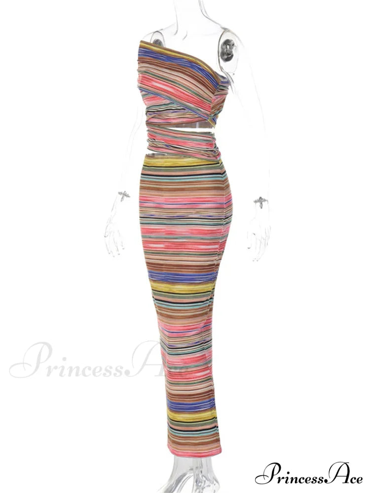 Women Striped Bodycon Summer Irregular Cutout One Shoulder Sleeveless Beach Party For Club