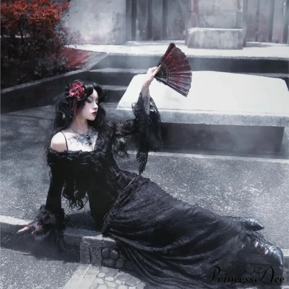 Women Style Dark Gothic Mid-Length Black Dress Halloween