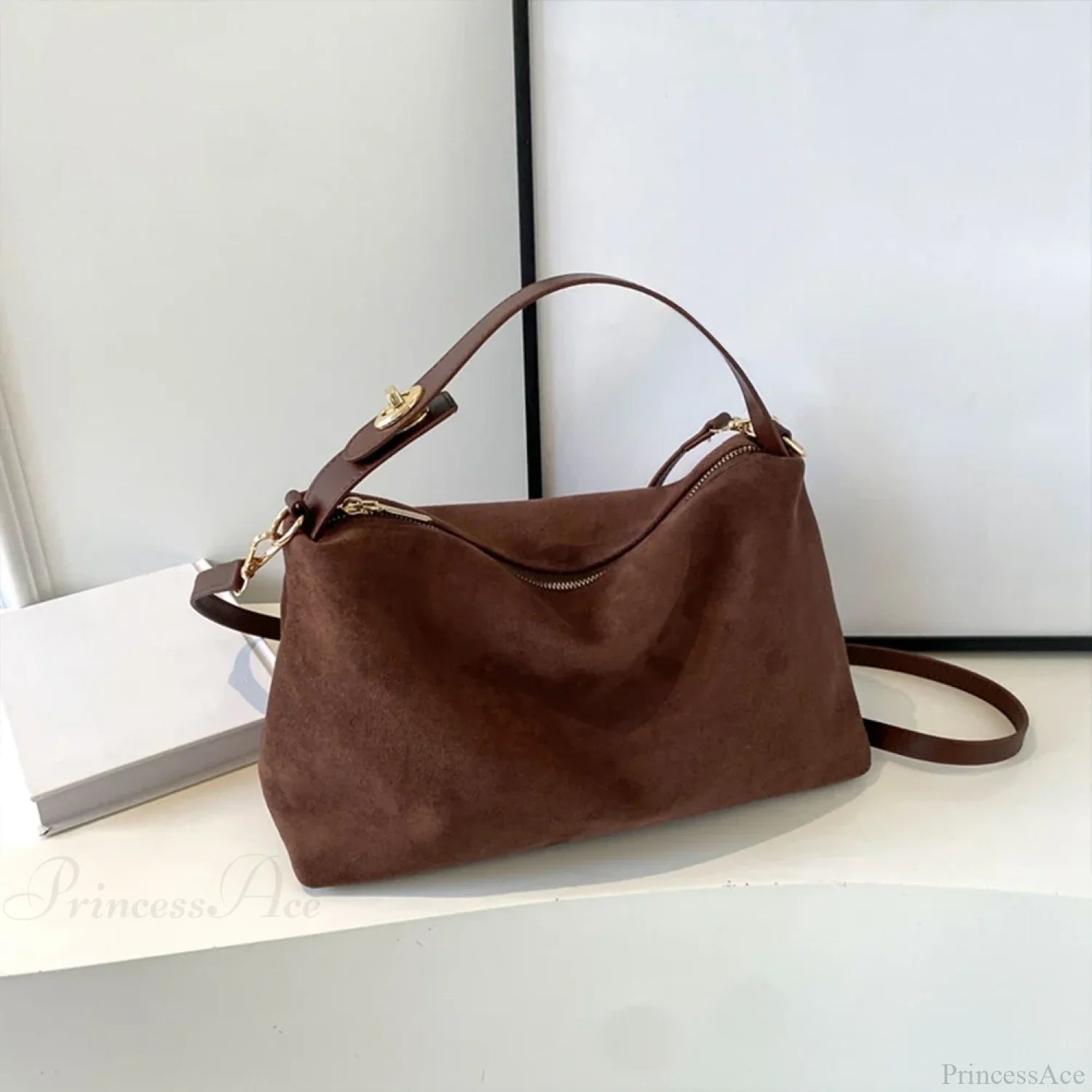 Women Suede Adjustable Crossbody Handbag Coffee handbag-250126