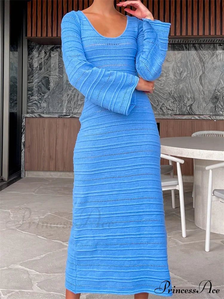 Women Summer Beach Flare Sleeve O-Neck Hollow Out Solid Color Knitted Female Backless Vestidos