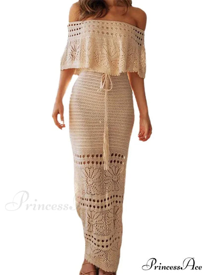 Women Summer Knitted Short Sleeve Off Shoulder Hollow Out Tie Up Streetwear Female Vestidos New