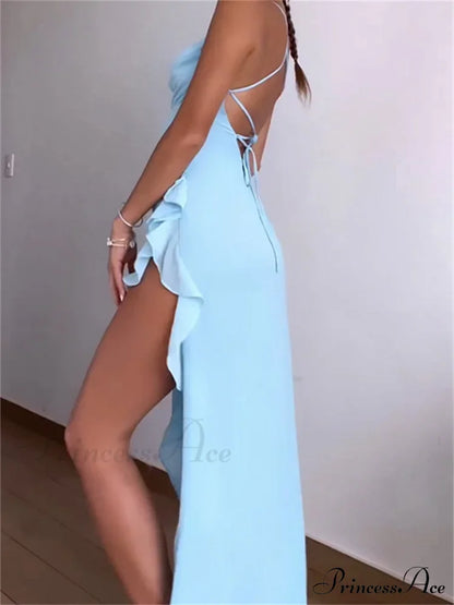 Women Summer Sleeveless Spaghetti Strap Irregular Hem Ruffles Side High Split Party Female Vestidos