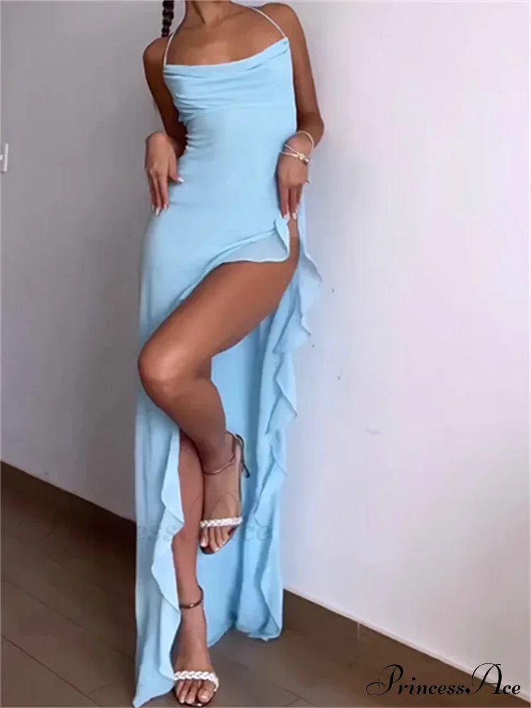 Women Summer Sleeveless Spaghetti Strap Irregular Hem Ruffles Side High Split Party Female Vestidos