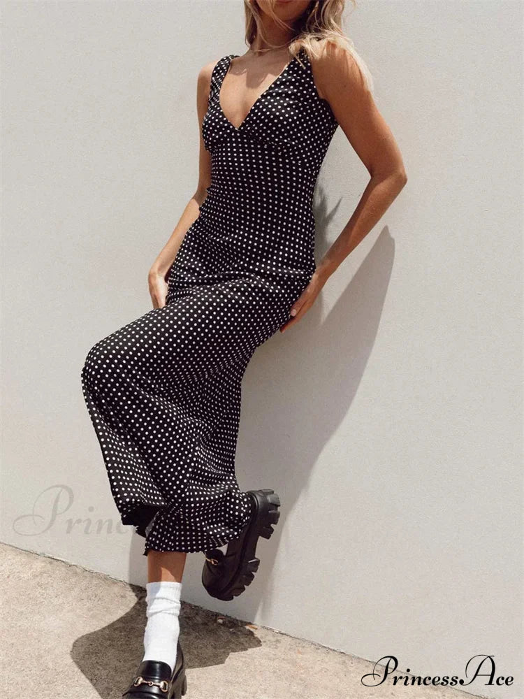 Women Summer Slim Tank Dot Print Sleeveless Deep V-Neck Bodycon Ankle Length Female Vestidos