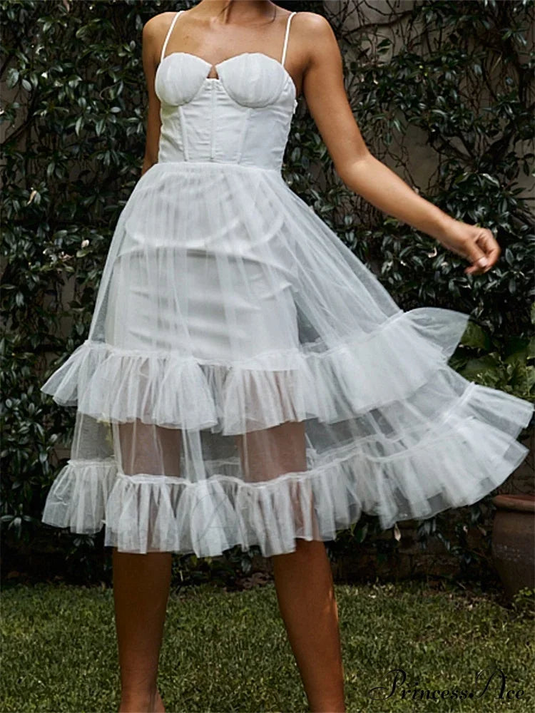 Women Summer Solid Color Sleeveless Strap Layered Tulle Ruffles Backless Party Vestidos White / S