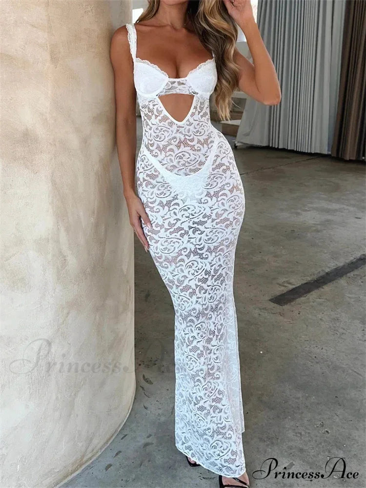 Women Summer V-Neck Sleeveless Strap Backless Mesh See Through Lace Floral Hollow Out Party New