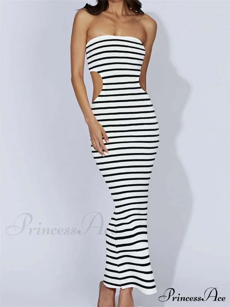 Women Tube Strapless Off Shoulder Cutout Solid Color/Striped Print Knitted Summer Beach Vestido