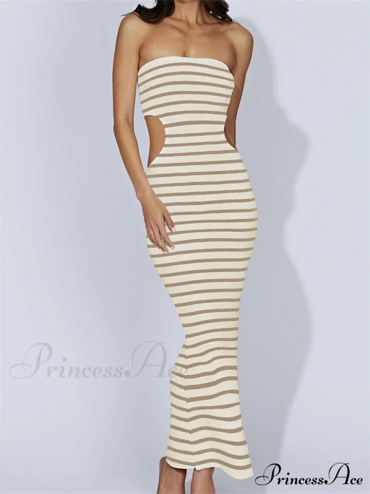 Women Tube Strapless Off Shoulder Cutout Solid Color/Striped Print Knitted Summer Beach Vestido