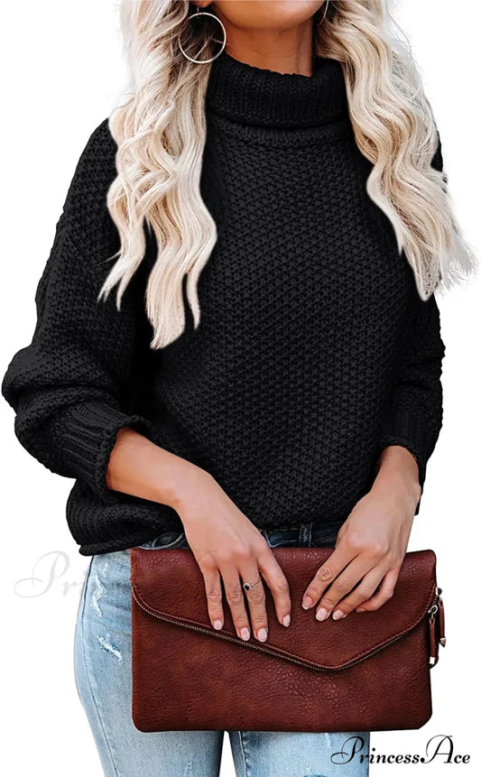 Women Turtleneck Batwing Sleeve Casual Oversized Sweater Black / Medium Sweaters-L