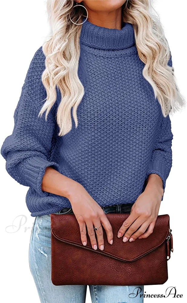 Women Turtleneck Batwing Sleeve Casual Oversized Sweater Blue Grey / Small Sweaters-L