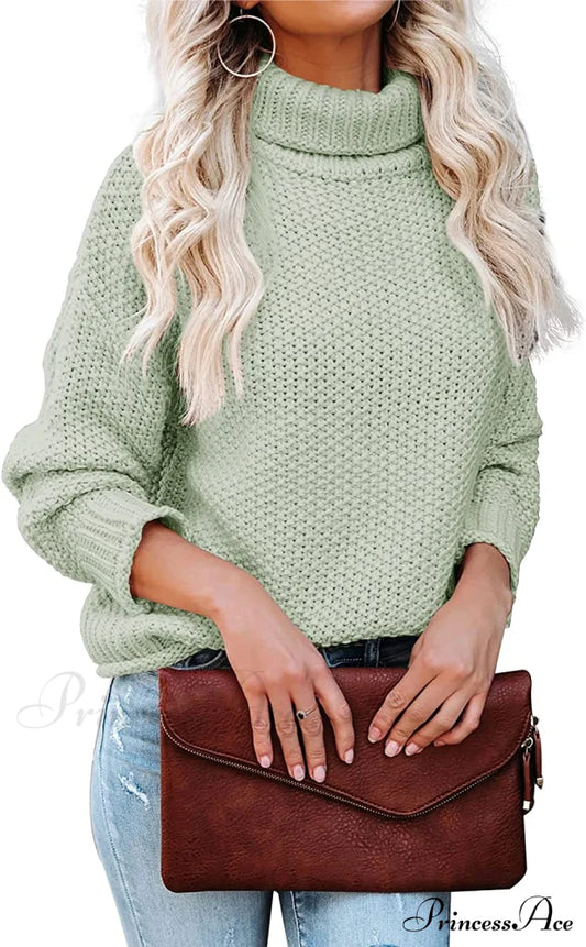 Women Turtleneck Batwing Sleeve Casual Oversized Sweater Light Green / X-Large Sweaters-L