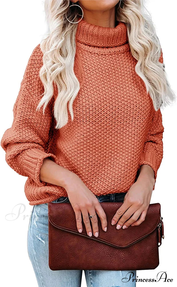 Women Turtleneck Batwing Sleeve Casual Oversized Sweater Orange Red / Large Sweaters-L