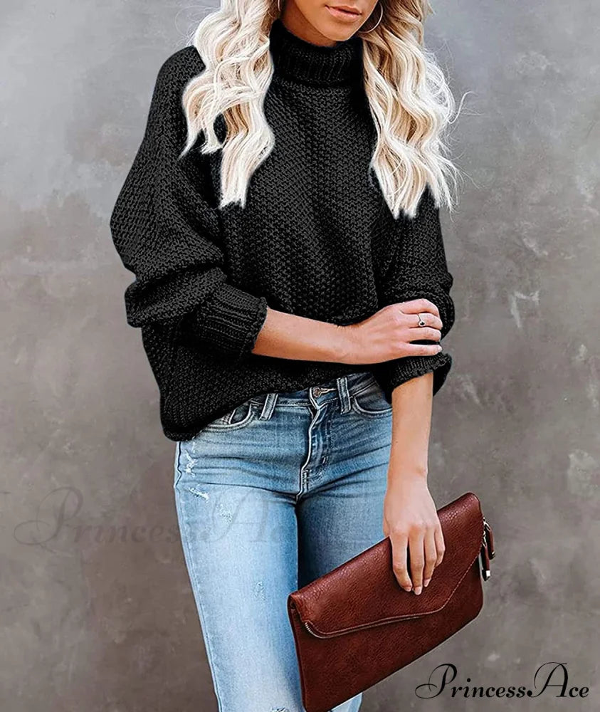 Women Turtleneck Batwing Sleeve Casual Oversized Sweater Sweaters-L