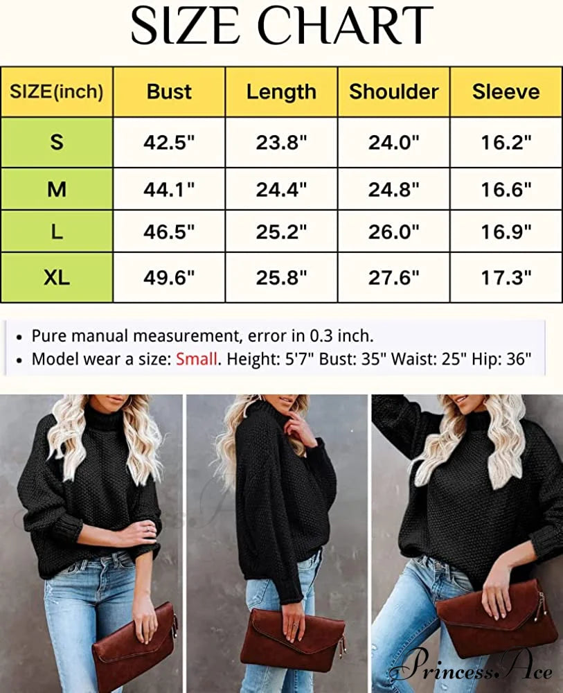 Women Turtleneck Batwing Sleeve Casual Oversized Sweater Sweaters-L