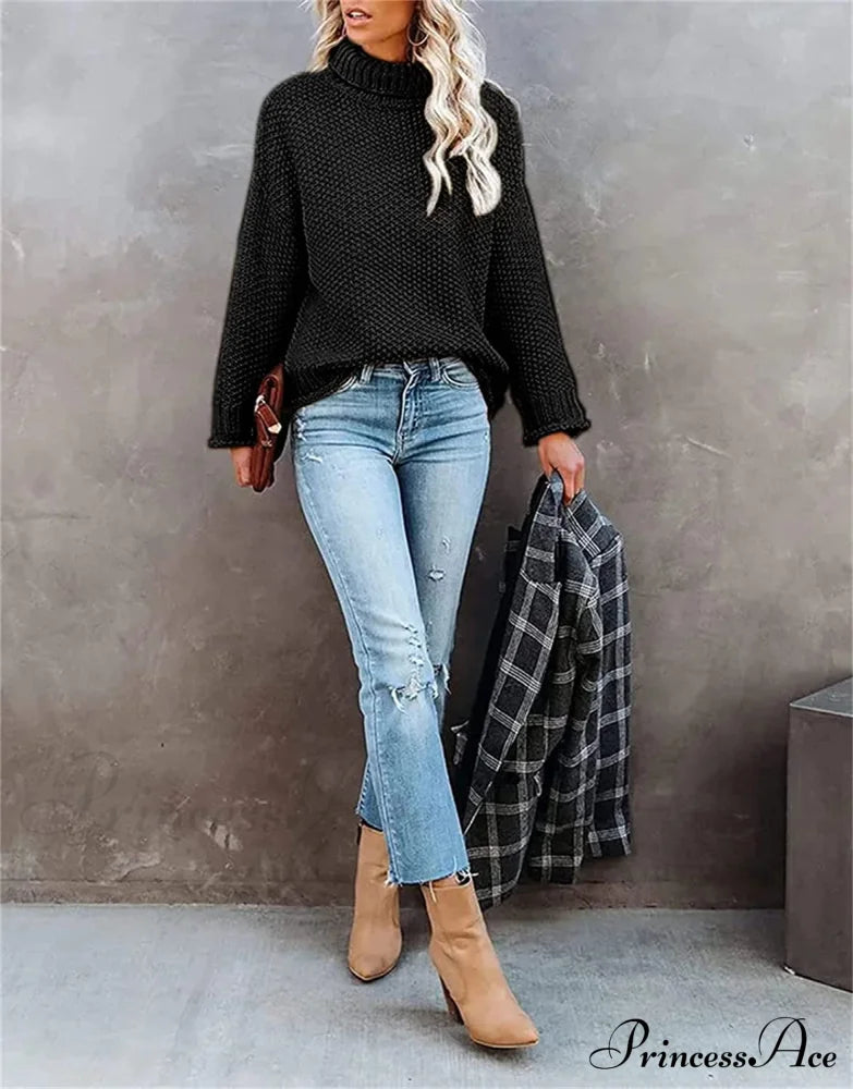 Women Turtleneck Batwing Sleeve Casual Oversized Sweater Sweaters-L