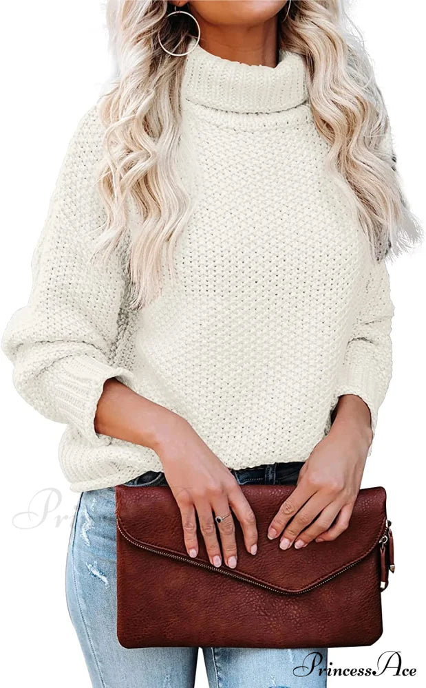 Women Turtleneck Batwing Sleeve Casual Oversized Sweater White / X-Large Sweaters-L