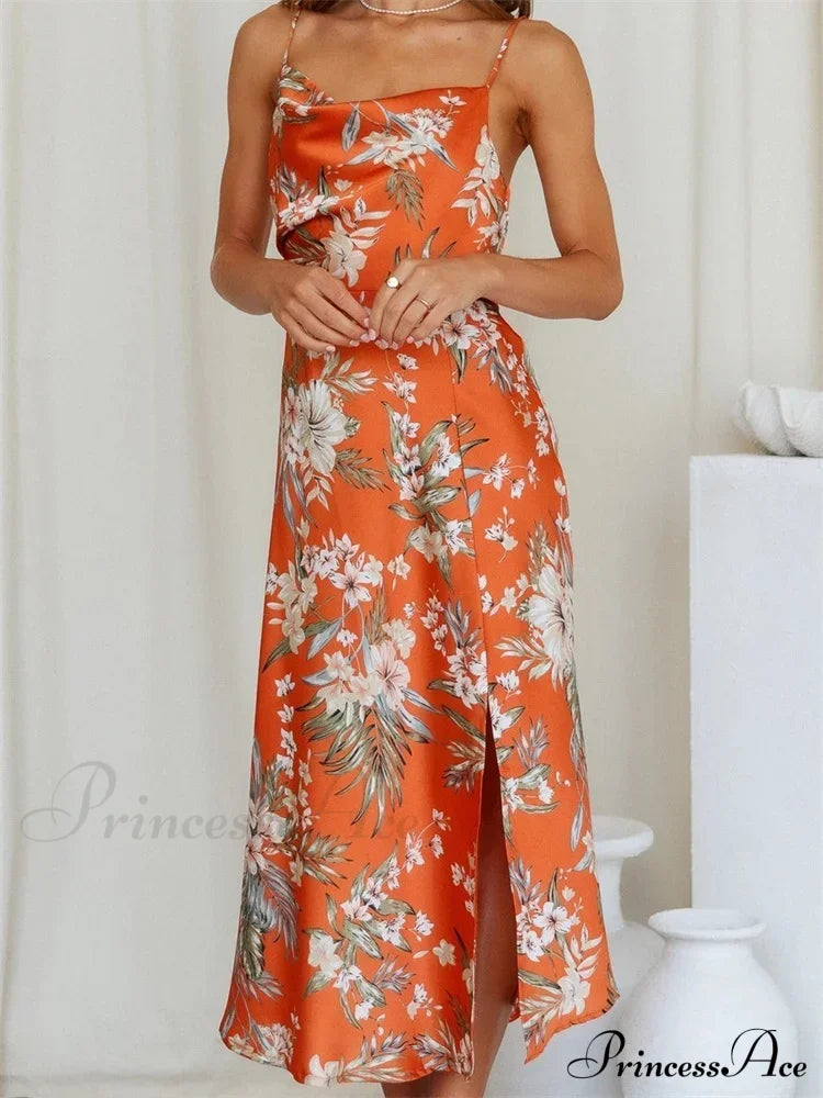 Women V-Neck Floral Print Sleeveless Strap Side Split For Party Club Wedding Night Female Vestidos