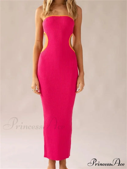 Women Waist Hollow Out Tube Strapless Off Shoulder Contrast Color Ribbed Summer Party Clubwear