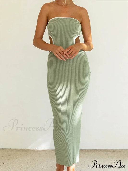 Women Waist Hollow Out Tube Strapless Off Shoulder Contrast Color Ribbed Summer Party Clubwear