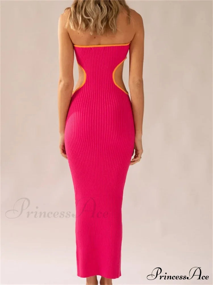 Women Waist Hollow Out Tube Strapless Off Shoulder Contrast Color Ribbed Summer Party Clubwear