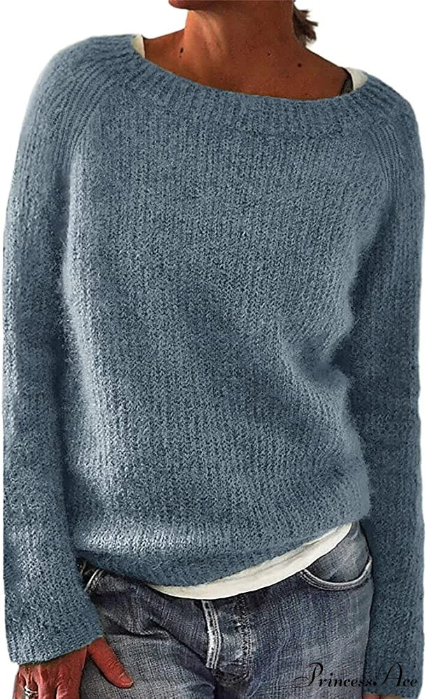 Women Winter Loose Casual Pullover Knit Sweater Blue / Small Sweaters-L