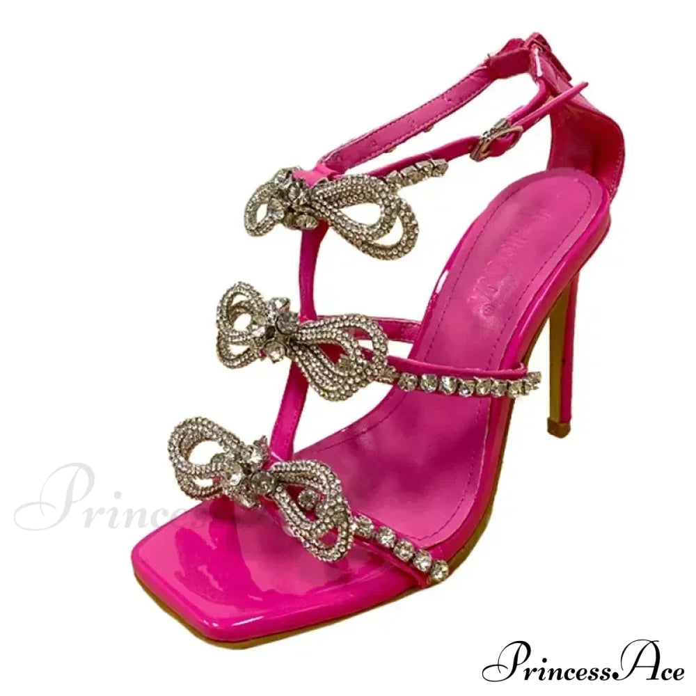 Women’s 11Cm High Heels Sandals Square Head Sexy Peep Toe Rhinestone Butterfly-Knot Buckle Stray