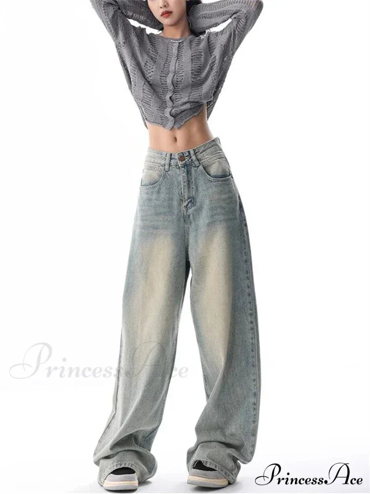 Women’s American Vintage Washed Thin Casual Neutral Style Blue Denim Female High Waist Straight