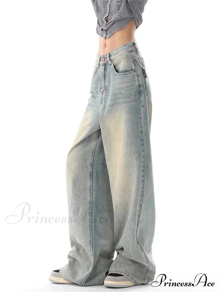 Women’s American Vintage Washed Thin Casual Neutral Style Blue Denim Female High Waist Straight