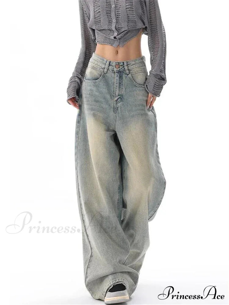 Women’s American Vintage Washed Thin Casual Neutral Style Blue Denim Female High Waist Straight