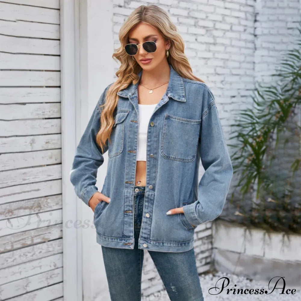 Womens Autumn Spring Oversized Denim Casual Distressed Boyfriend Comfy Jacket