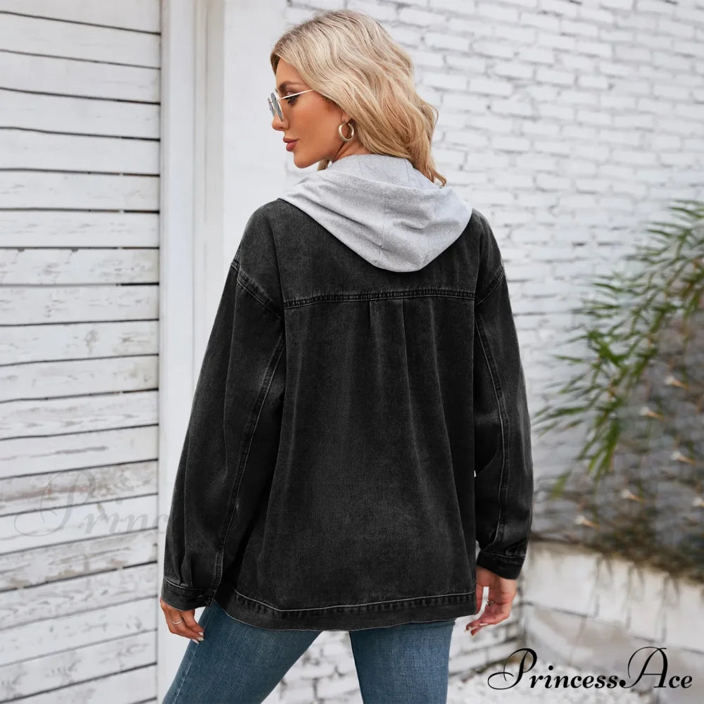 Womens Autumn Spring Oversized Denim Casual Distressed Boyfriend Comfy Jacket Black Gray / S