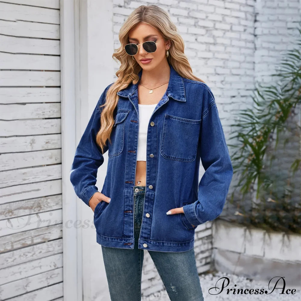 Womens Autumn Spring Oversized Denim Casual Distressed Boyfriend Comfy Jacket Dark Blue / S