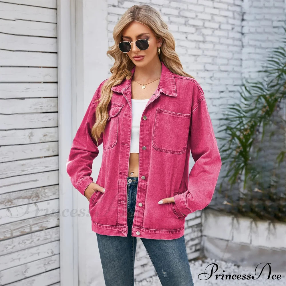 Womens Autumn Spring Oversized Denim Casual Distressed Boyfriend Comfy Jacket Pink / S