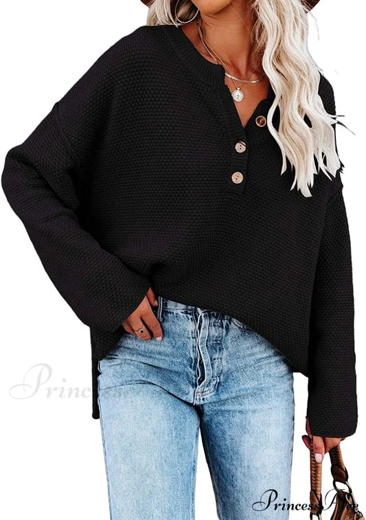 Women’s Batwing Long Sleeve Loose V Neck Button Top Black / Large Sweaters-L