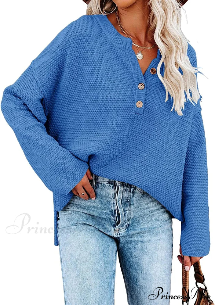 Women’s Batwing Long Sleeve Loose V Neck Button Top Blue / Small Sweaters-L