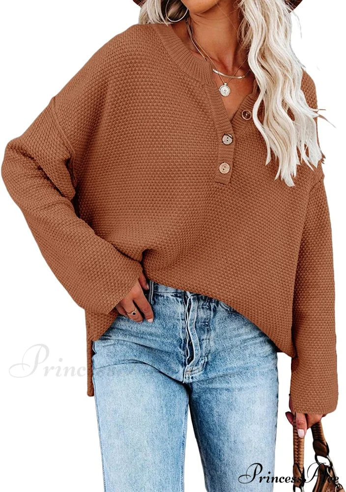 Women’s Batwing Long Sleeve Loose V Neck Button Top Brown / Medium Sweaters-L