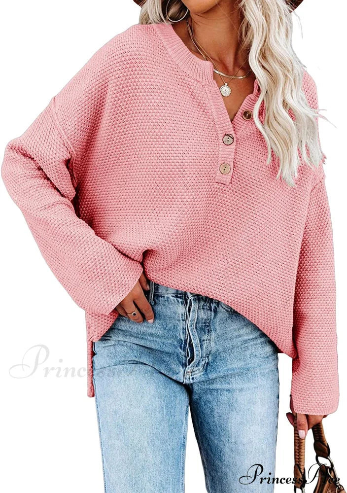 Women’s Batwing Long Sleeve Loose V Neck Button Top Pink / Large Sweaters-L