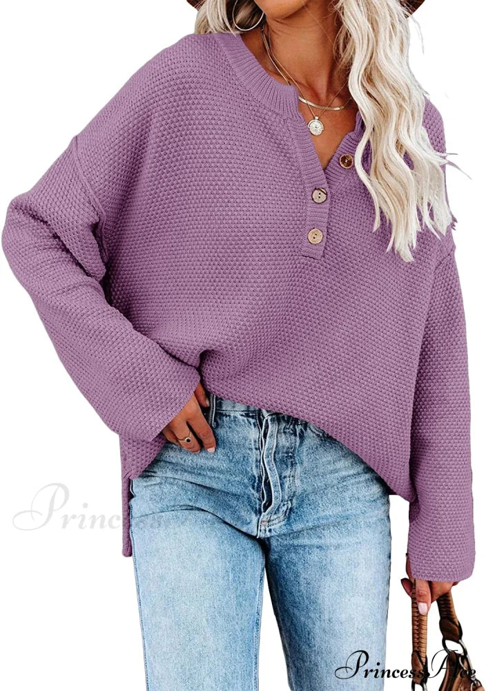 Women’s Batwing Long Sleeve Loose V Neck Button Top Purple / Small Sweaters-L