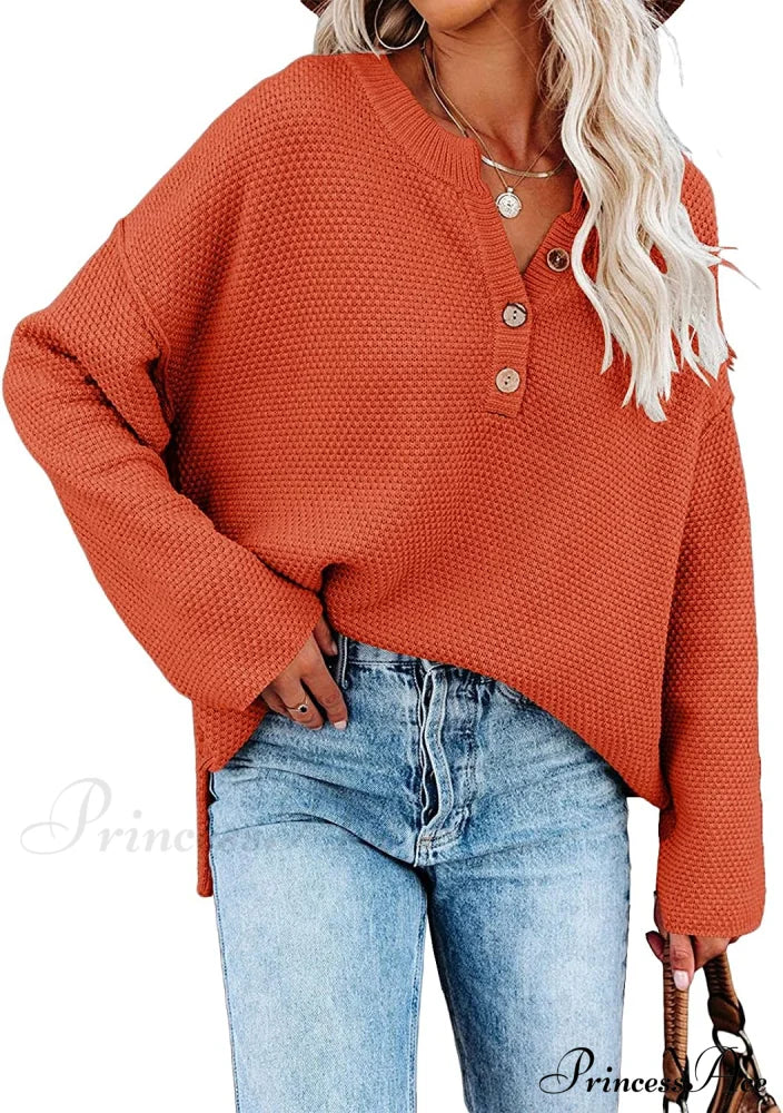 Women’s Batwing Long Sleeve Loose V Neck Button Top Red / X-Large Sweaters-L