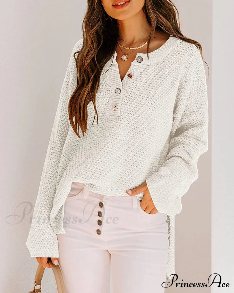 Women’s Batwing Long Sleeve Loose V Neck Button Top Sweaters-L