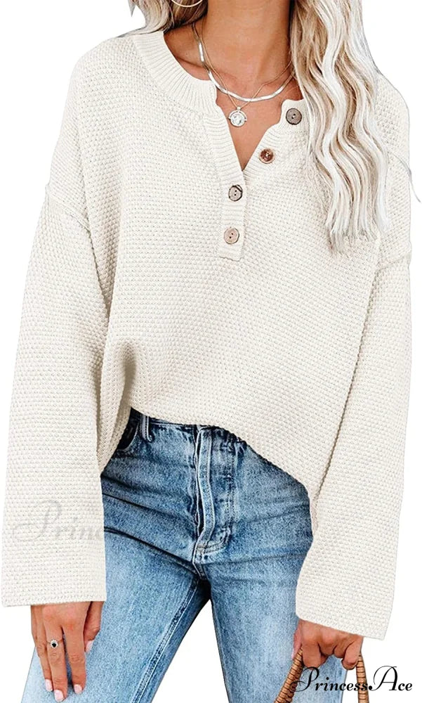 Women’s Batwing Long Sleeve Loose V Neck Button Top Sweaters-L