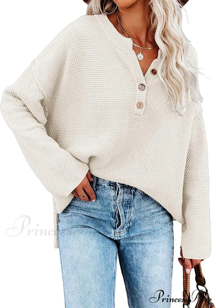 Women’s Batwing Long Sleeve Loose V Neck Button Top White / Large Sweaters-L