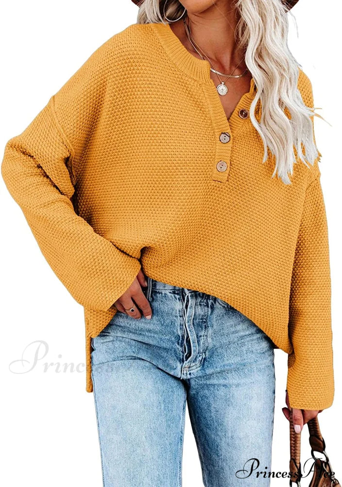 Women’s Batwing Long Sleeve Loose V Neck Button Top Yellow / X-Large Sweaters-L