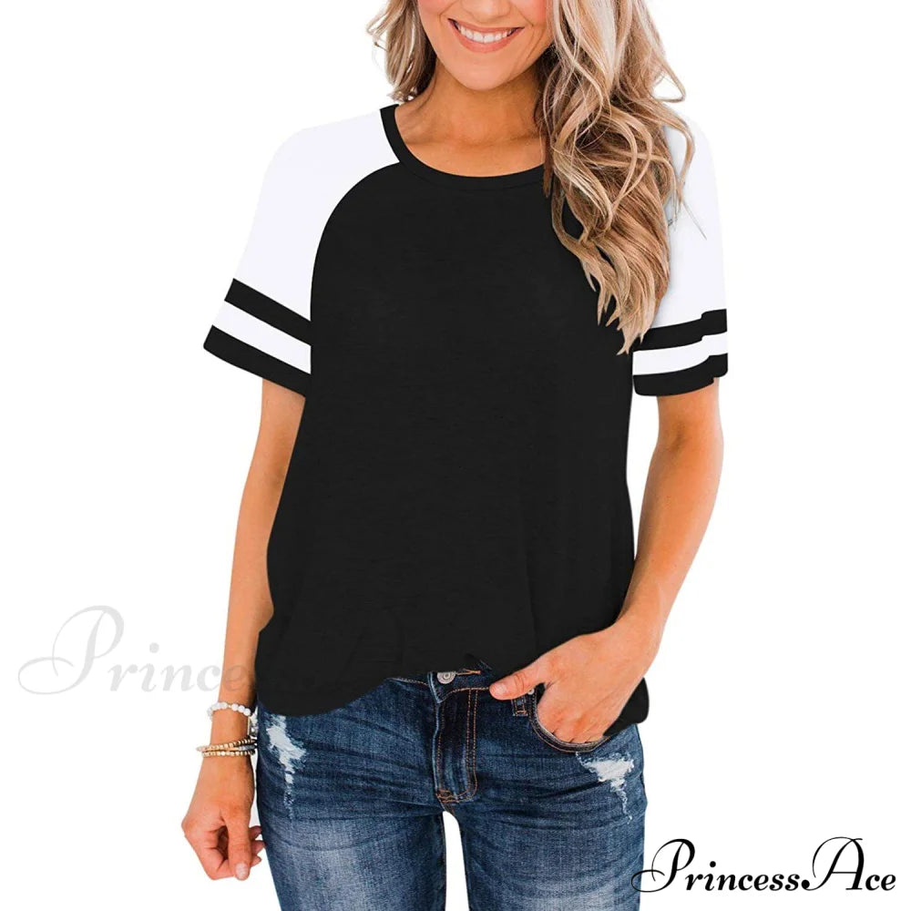 Womens Short Sleeve Shirts Crew Neck Color Block Black __stock:200 clothes refund_fee:800 tops