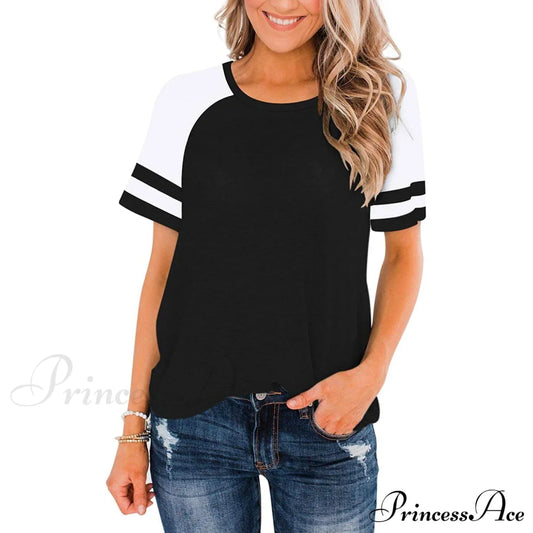 Womens Short Sleeve Shirts Crew Neck Color Block Black __stock:200 clothes refund_fee:800 tops