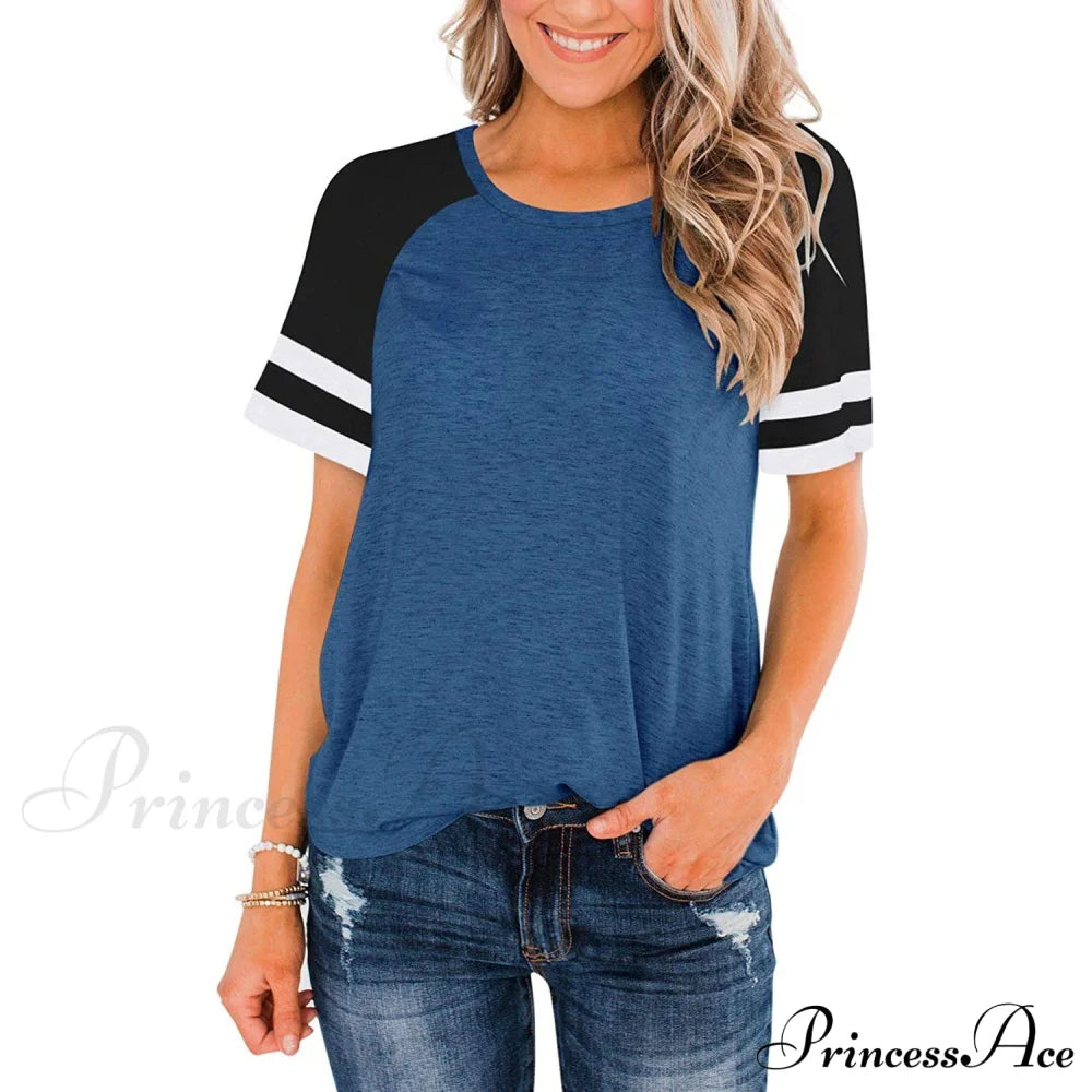 Womens Short Sleeve Shirts Crew Neck Color Block Blue __stock:200 clothes refund_fee:800 tops