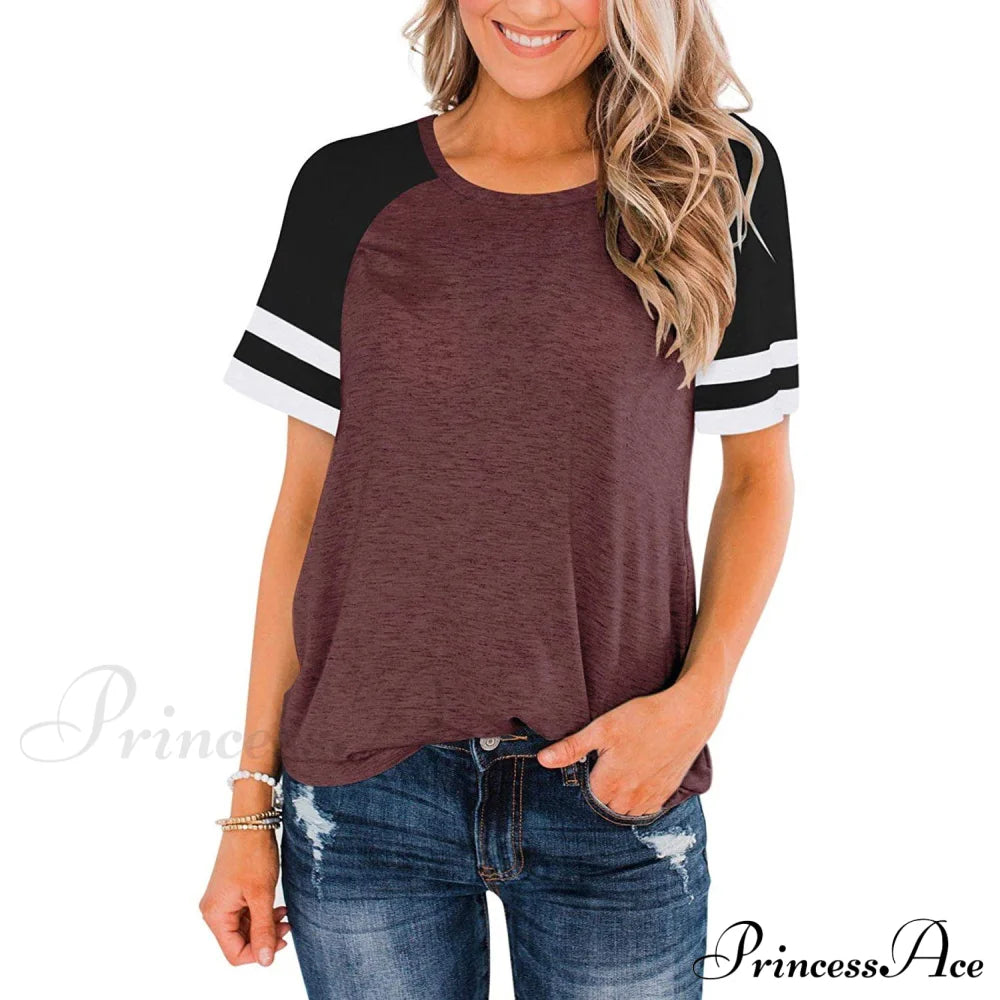 Womens Short Sleeve Shirts Crew Neck Color Block Burgundy __stock:200 clothes refund_fee:800 tops