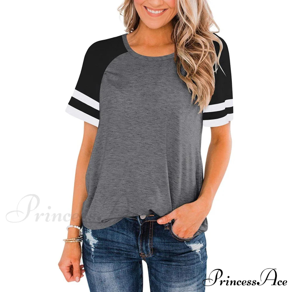 Womens Short Sleeve Shirts Crew Neck Color Block Gray __stock:200 clothes refund_fee:800 tops