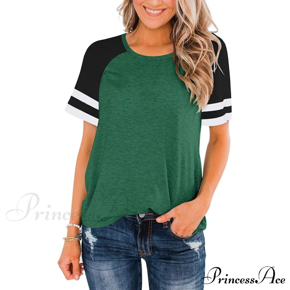 Womens Short Sleeve Shirts Crew Neck Color Block Green __stock:200 clothes refund_fee:800 tops