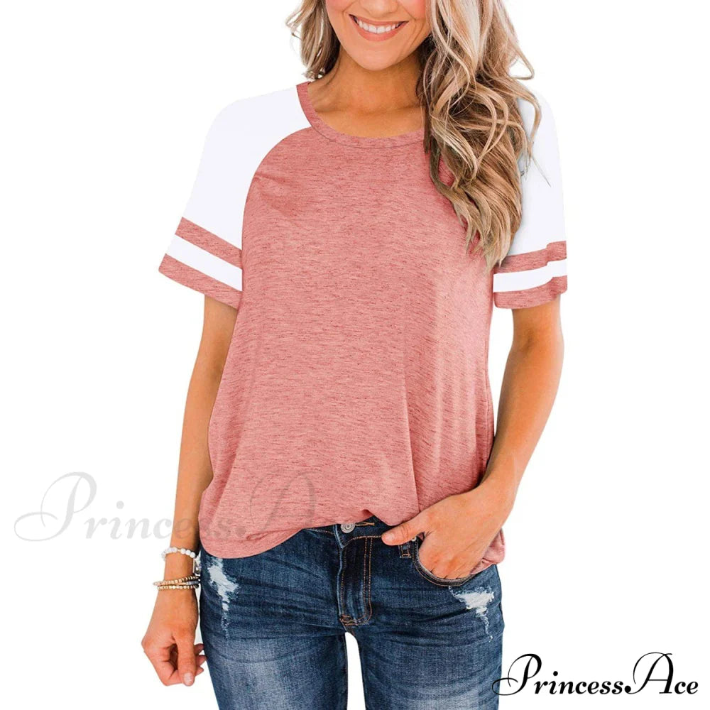 Womens Short Sleeve Shirts Crew Neck Color Block Pink __stock:200 clothes refund_fee:800 tops